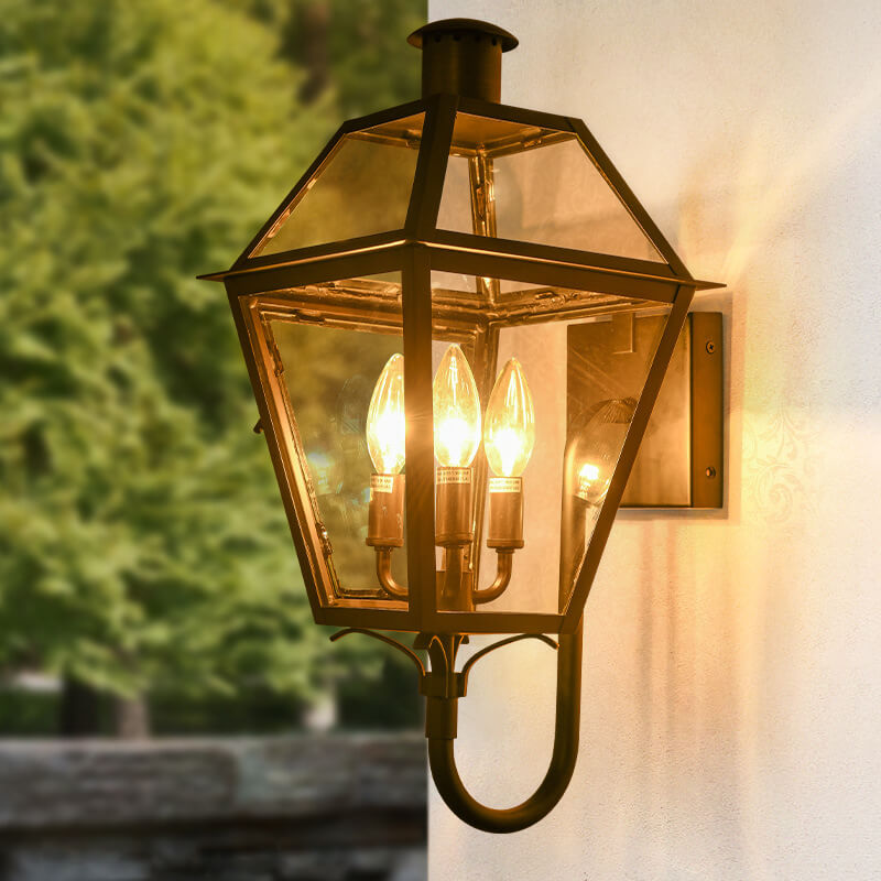 Industrial Glass Lantern Iron 3-Light Outdoor Wall Sconce