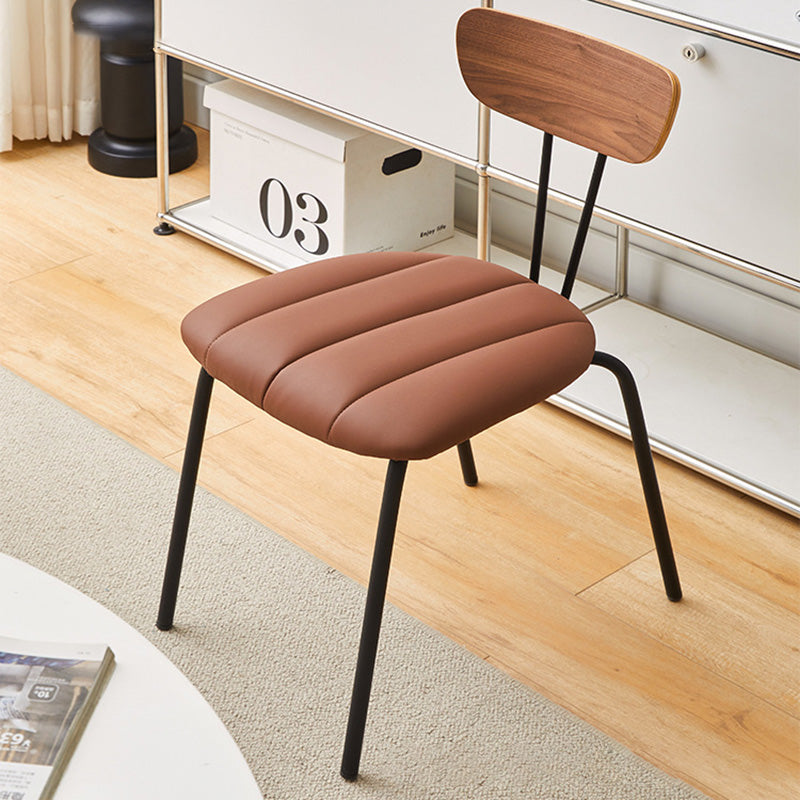 Contemporary PU Leather Steel Dining Chair — Walnut Backrest + Gray Brown PU Leather Cushion