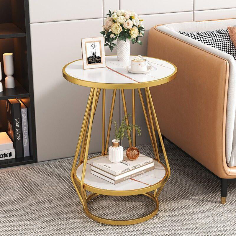 Contemporary Marble Metal Round Side Table 2-Tier Storage