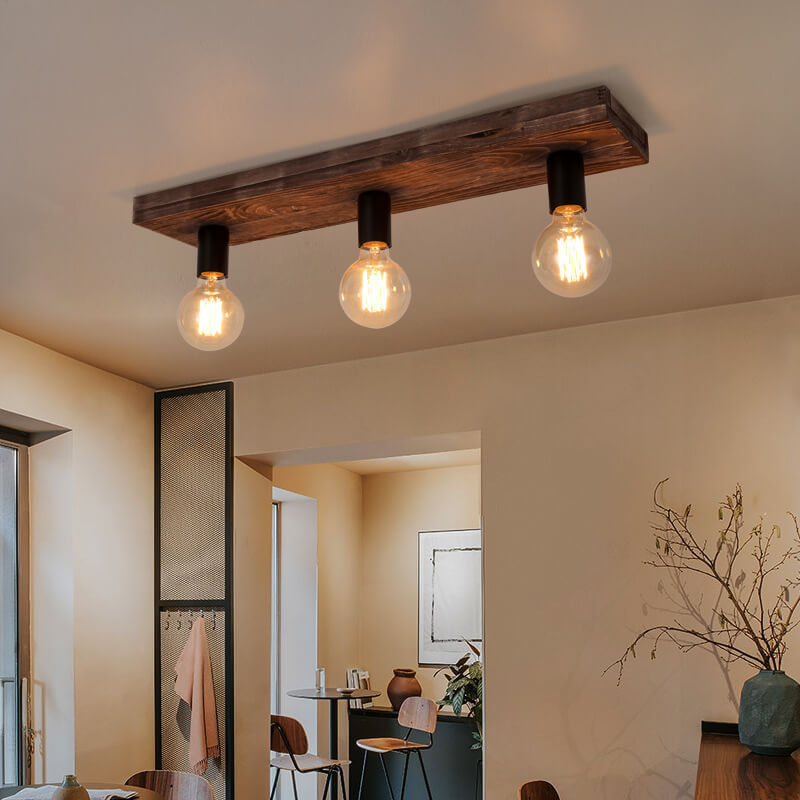 Retro Solid Wood Glass 3-Light Flush Mount — 220V-240V For UK/AU