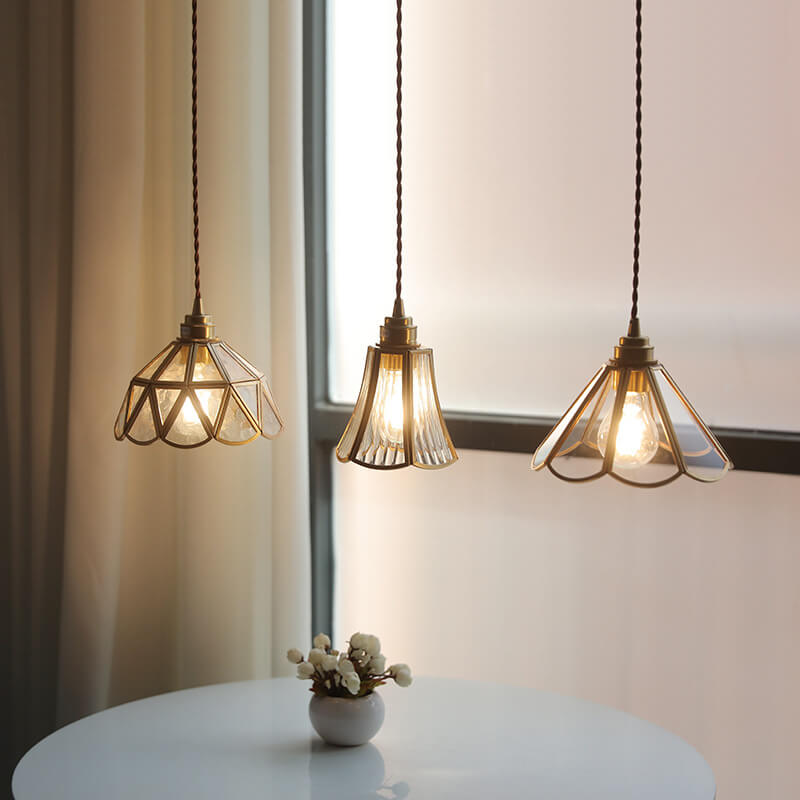 Japanese Vintage Cone Geometric Glass Copper Pendant Light