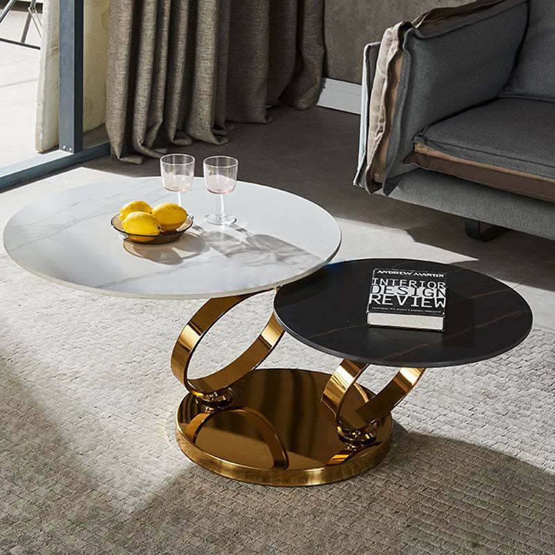 Nordic Round Slab Steel 2-Shelf Coffee Table — White Table Top + Gold Frame