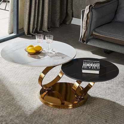 Nordic Round Slab Steel 2-Shelf Coffee Table — White Table Top + Gold Frame