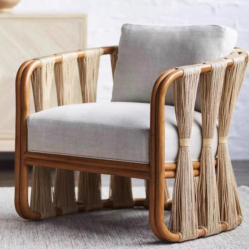 Scandinavian Wood Rattan Fabric Armchair — Wood