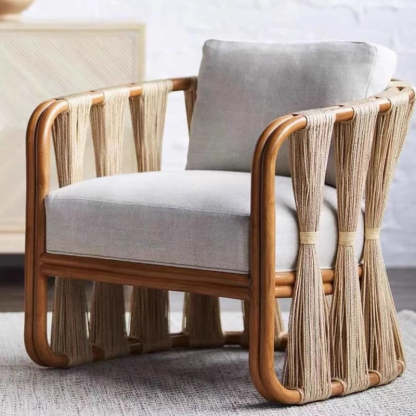 Scandinavian Wood Rattan Fabric Armchair — Wood
