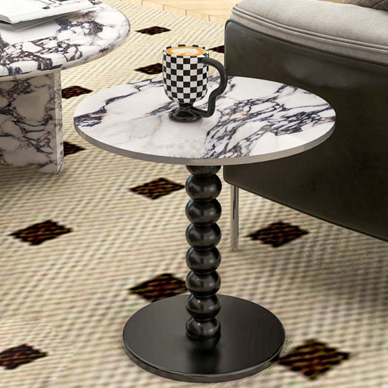 French Round Marble Wood End Table — Black And White