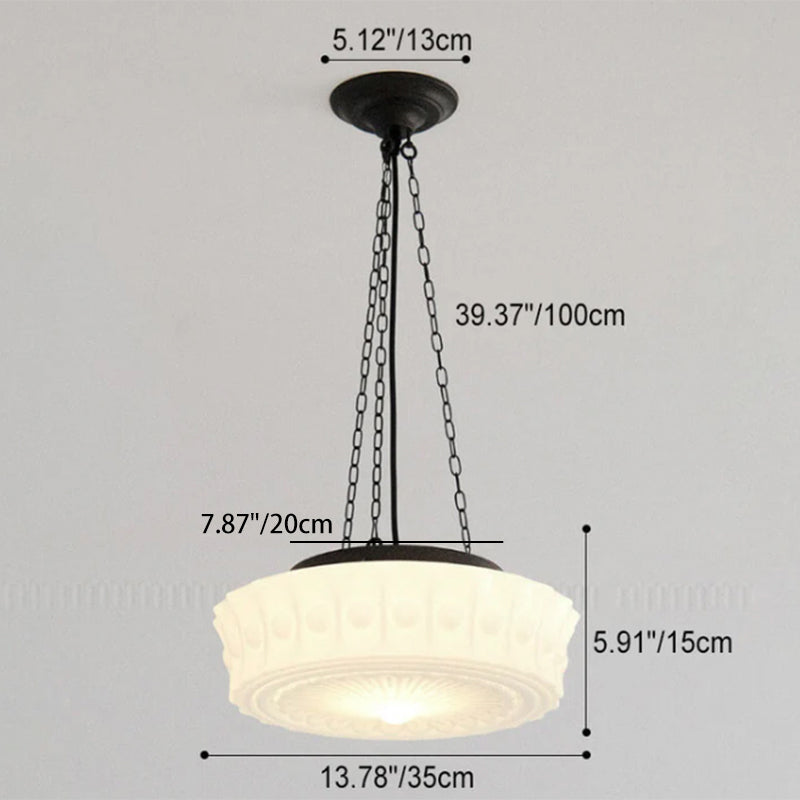 French Vintage White Jade Glass Drum LED Semi-Flush Light