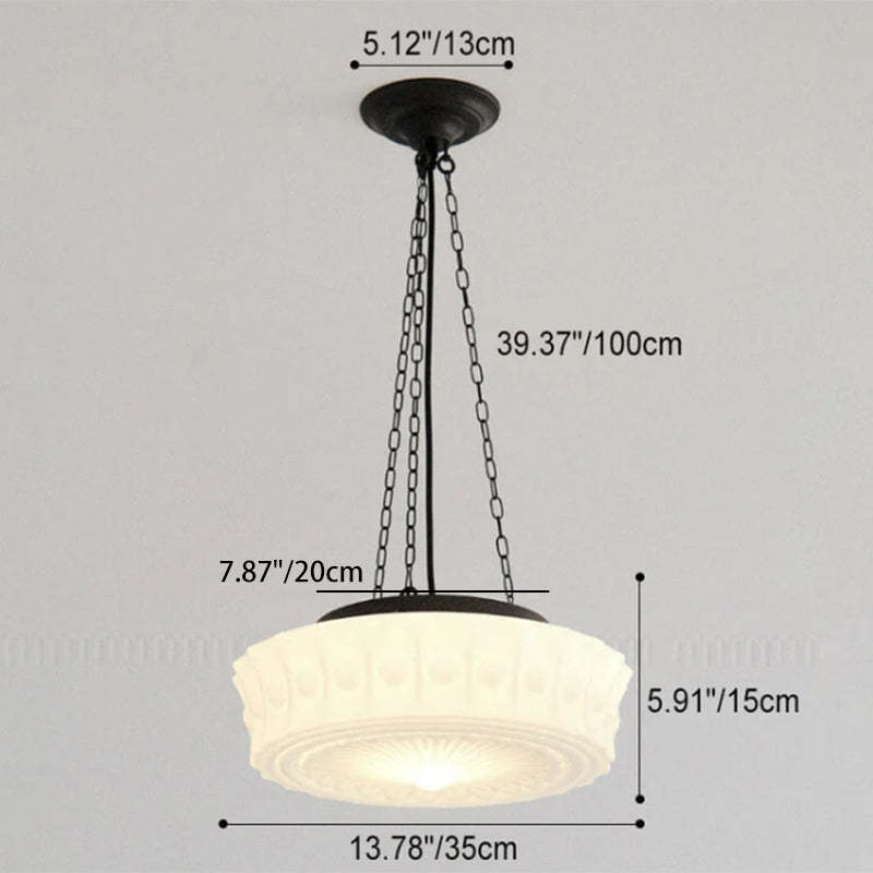 French Vintage White Jade Glass Drum LED Semi-Flush Light