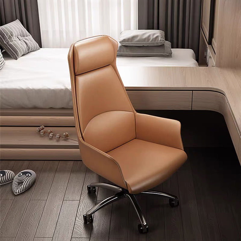 Minimalist High-Back Leather Steel Desk Chair — Brown + White