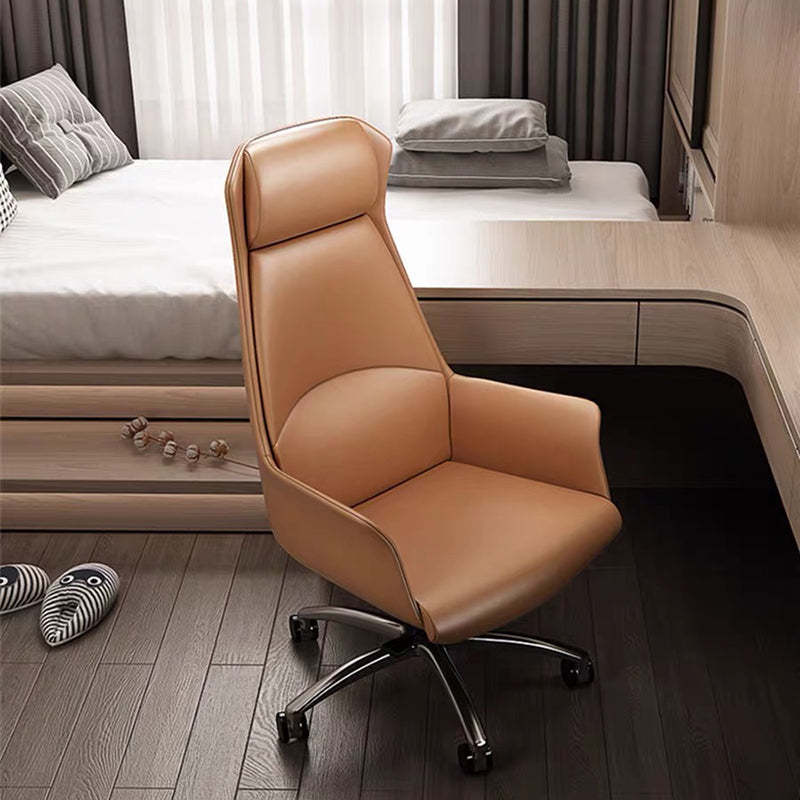 Minimalist High-Back Leather Steel Desk Chair — Brown + White