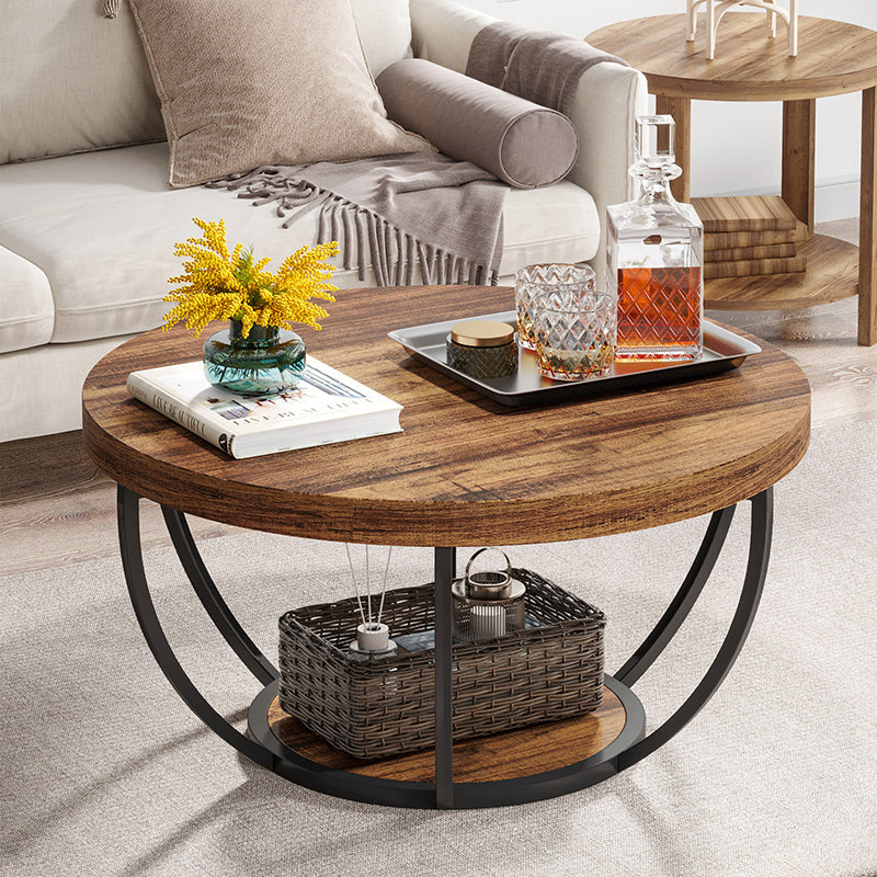 Modern Luxury Round Steel Coffee Table — Walnut & Black