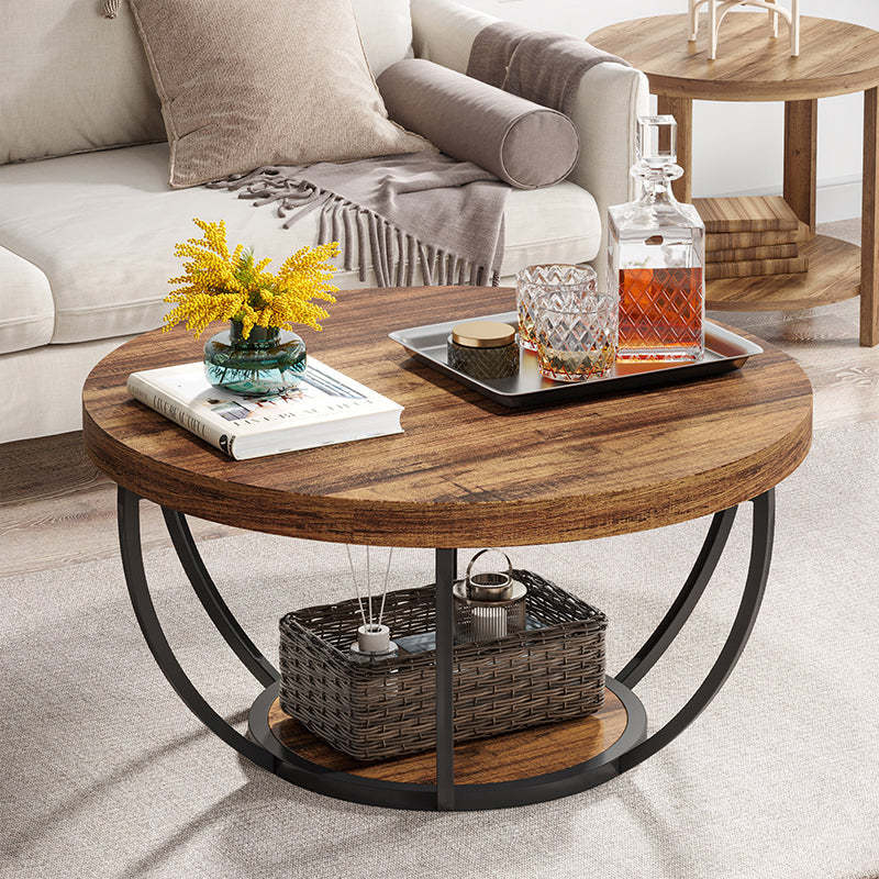 Modern Luxury Round Steel Coffee Table — Walnut & Black