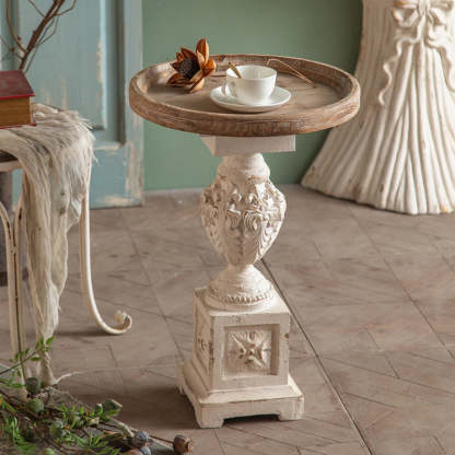 European Roman Column Carved Wood Side Table — White