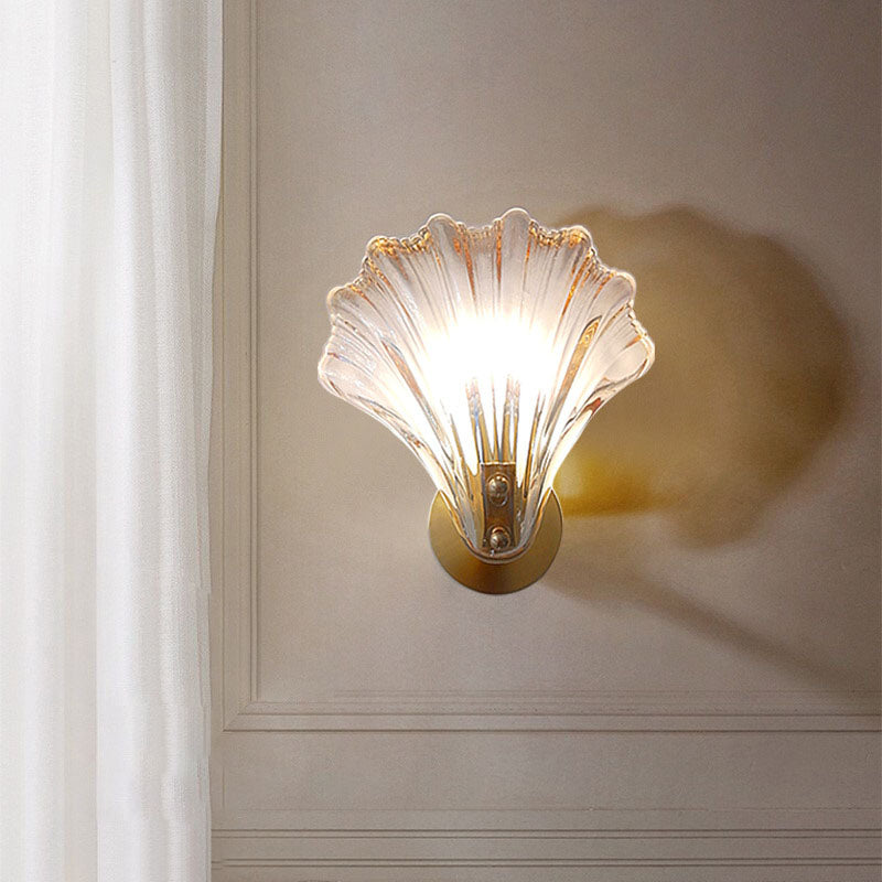 Art Deco Scalloped Shell Amber Glass Brass Wall Sconce