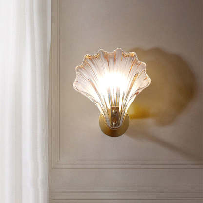 Art Deco Scalloped Shell Amber Glass Brass Wall Sconce
