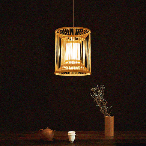 Chinese Round Vertical Bamboo Pendant Light