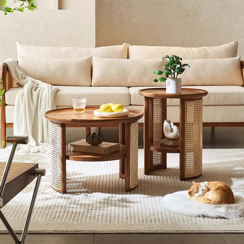 Japanese Rattan Wood Marble 2-Tier Coffee Table — Wood Color