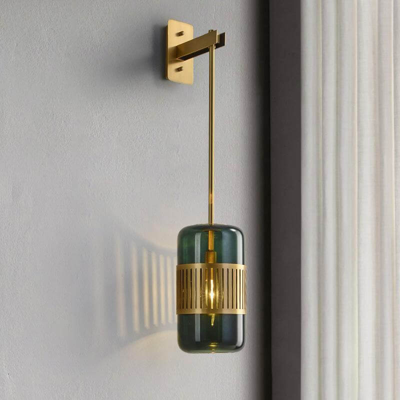 Vintage Brass Cylindrical Glass Wall Sconce