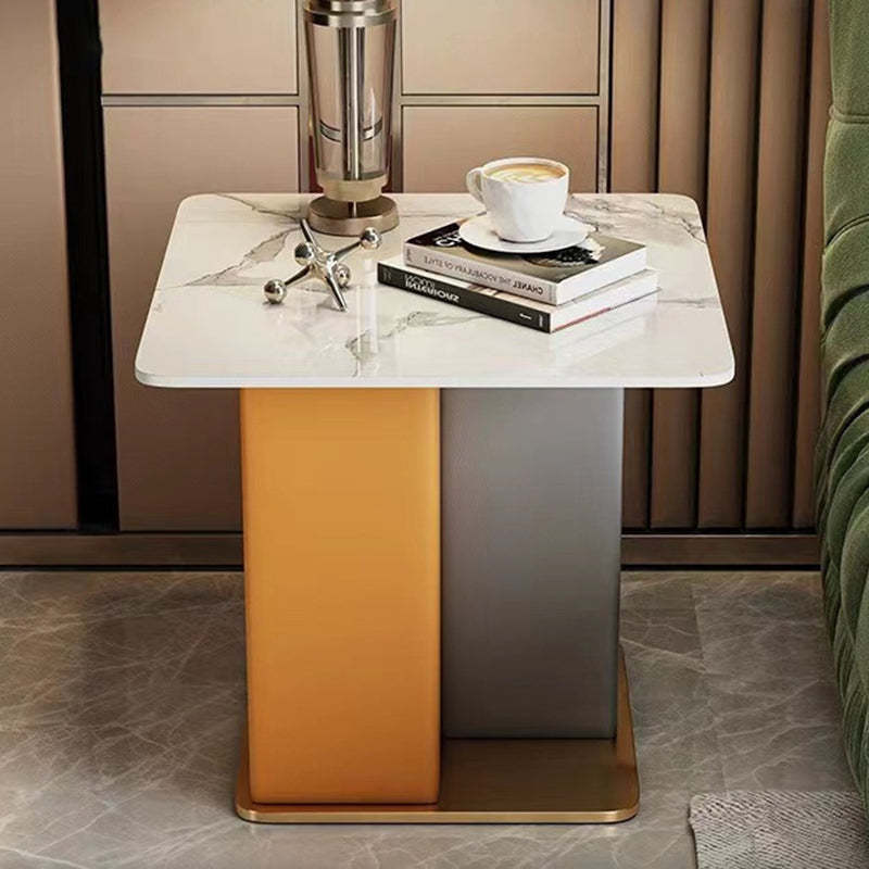 Scandinavian Slate Leather Wood Steel End Table — White & Brown / Blue