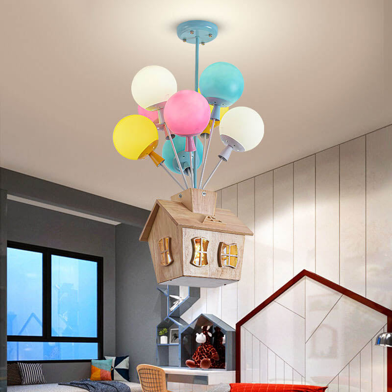 Lighom creative balloon house wood chandeliers in iron — 220V-240V (UK/AU