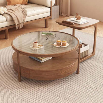 Japanese Glass Wood 2-Tier End Table — Round / Original Wood Color
