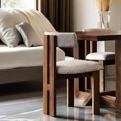 Scandinavian Wood Lambswool Semi-Round Dining Chair — Walnut Color + Green Cushion