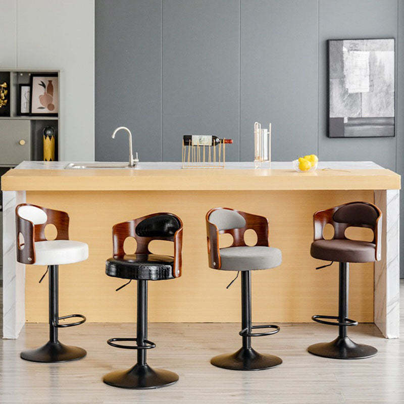 Scandinavian Leather Fabric Wood Round Bar Stool — White - Leather