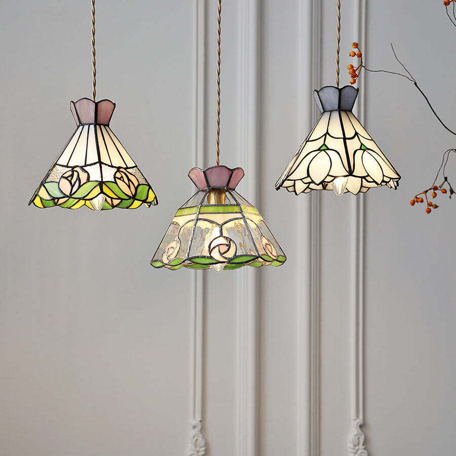 Vintage Tiffany Rose Conical Stained Glass Pendant Light — C / 110V-120V For US/CA