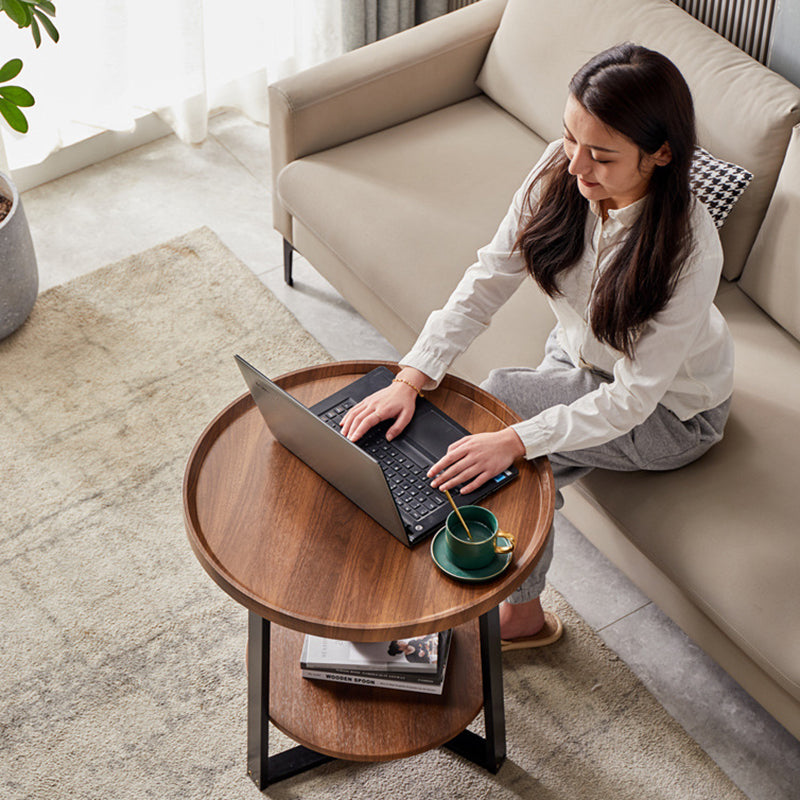 Scandinavian Round Wood Iron 2-Tier End Table
