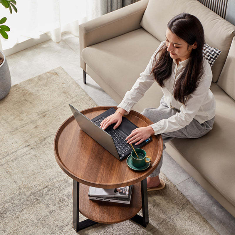 Scandinavian Round Wood Iron 2-Tier End Table