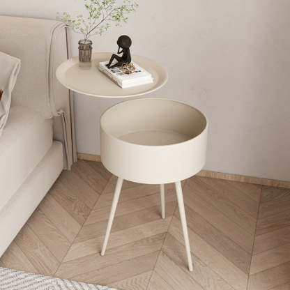 Minimalist Round Iron 1-Storage Nightstand — Cream White
