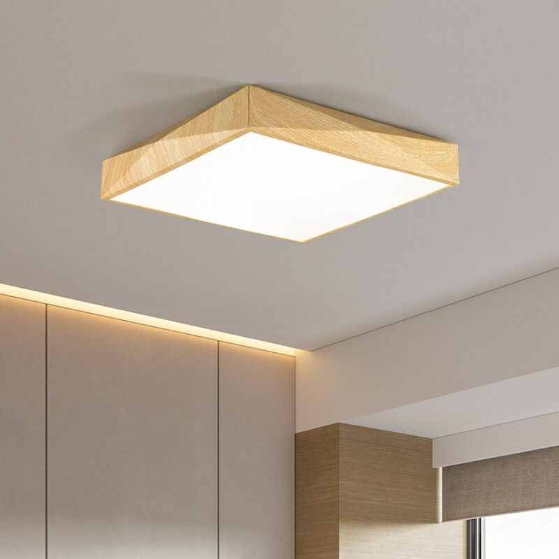Minimalist geometric grain wood flush mount lighting — 13.78" L x 13.78" W x 2.76" H / Warm White (3000K) / Natural
