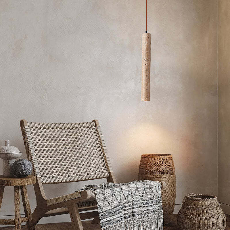Japanese Wabi-Sabi Yellow Travertine Cylinder Pendant Light