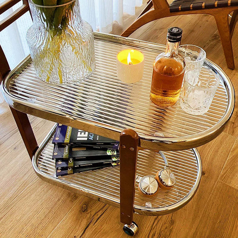 Japanese Oval Wood Steel Glass 2-Tier End Table