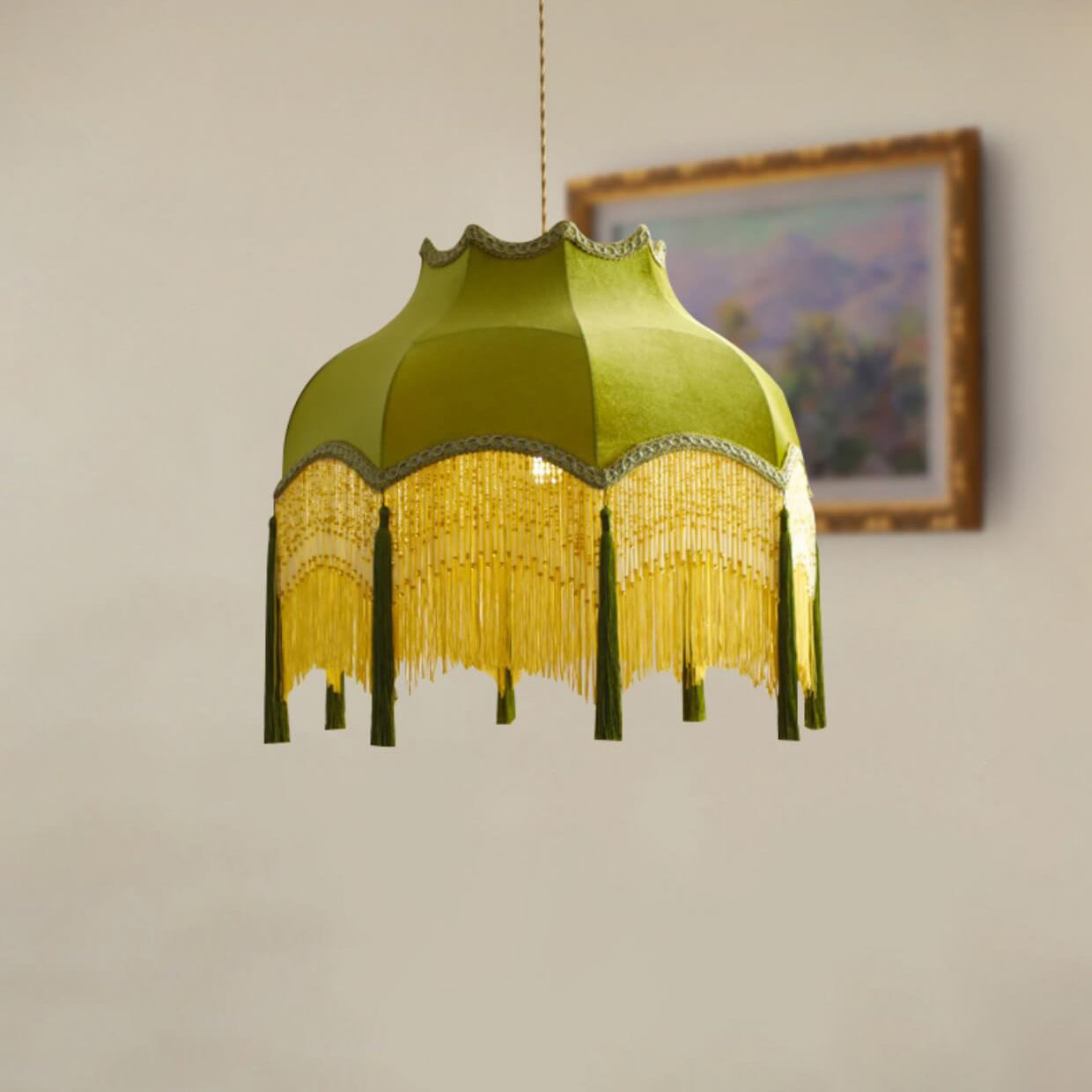 French Vintage Fabric Tassel Brass Pendant Light
