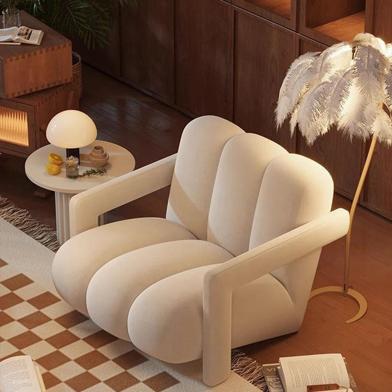 Retro Striped Velvet Wood Accent Chair — White + Khaki Armrest