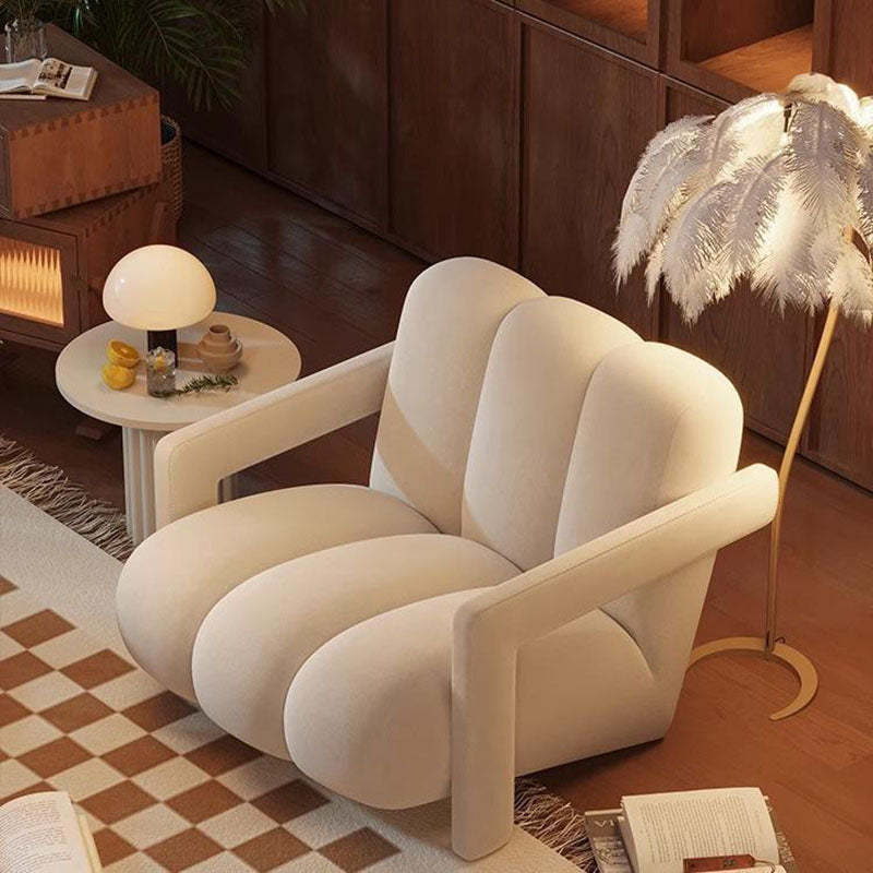 Retro Striped Velvet Wood Accent Chair — White + Khaki Armrest