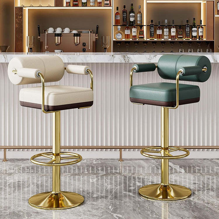 Modern Cylindrical Leather Metal Bar Stool — Black + Gold Frame