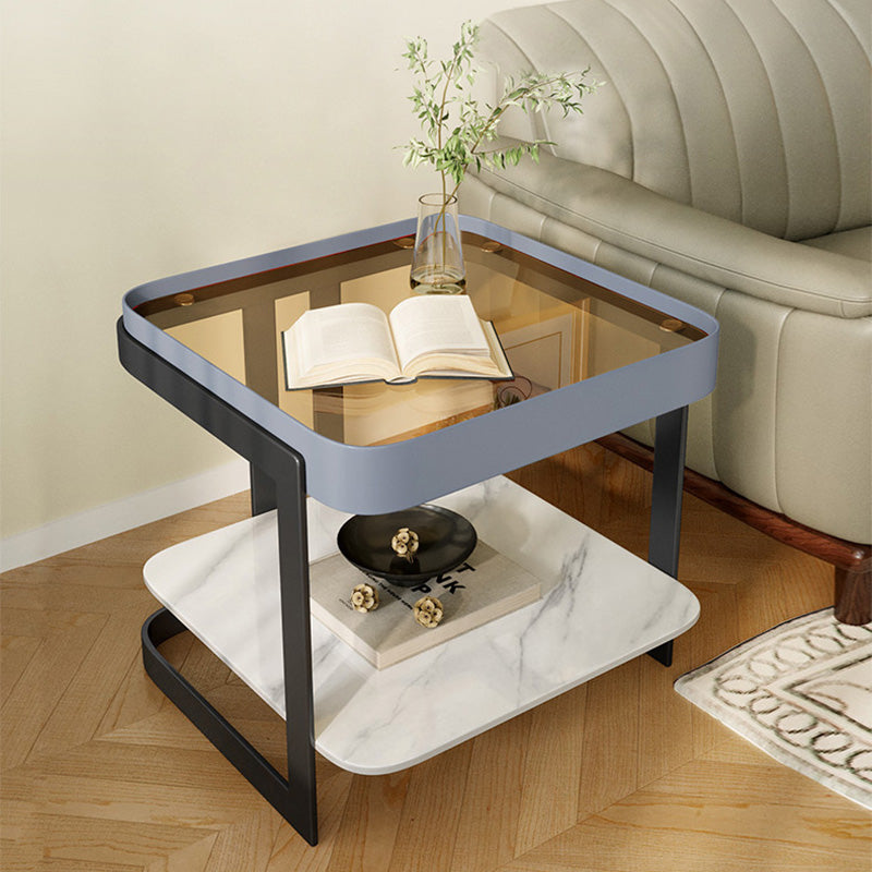Modern Luxury Glass Rock Slab Iron 2-Tier Coffee Table