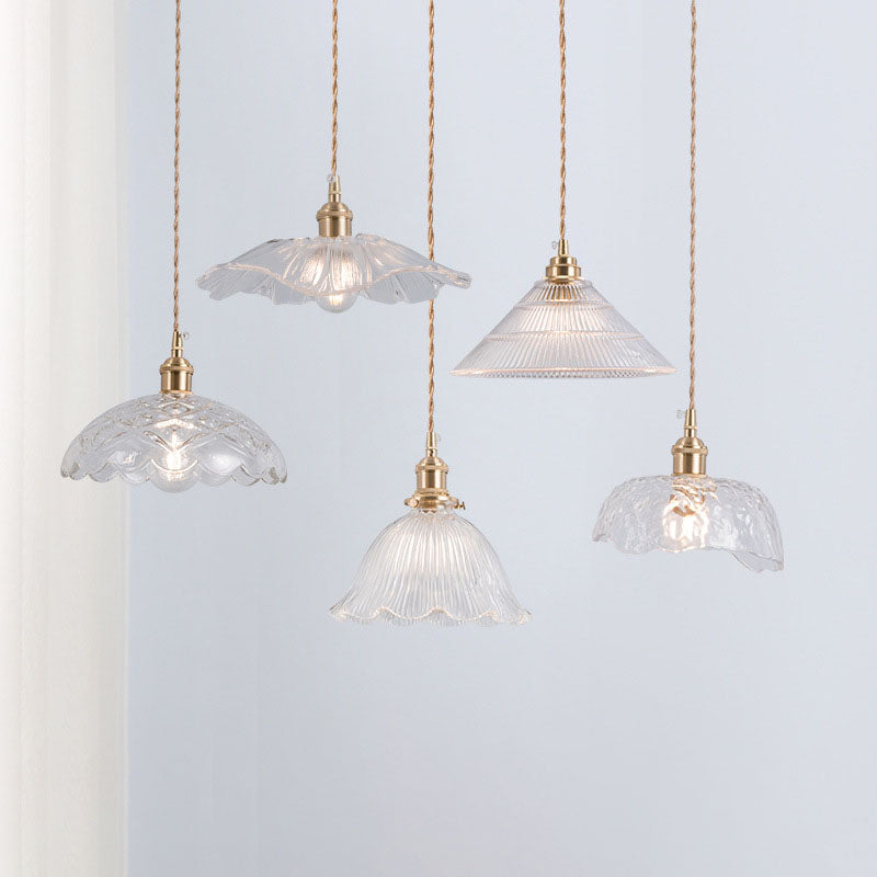 Nordic Vintage Clear Glass Flower Brass Pendant