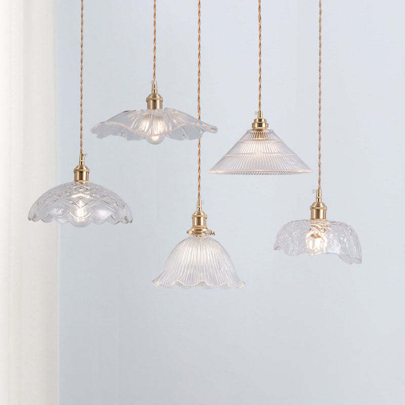 Nordic Vintage Clear Glass Flower Brass Pendant
