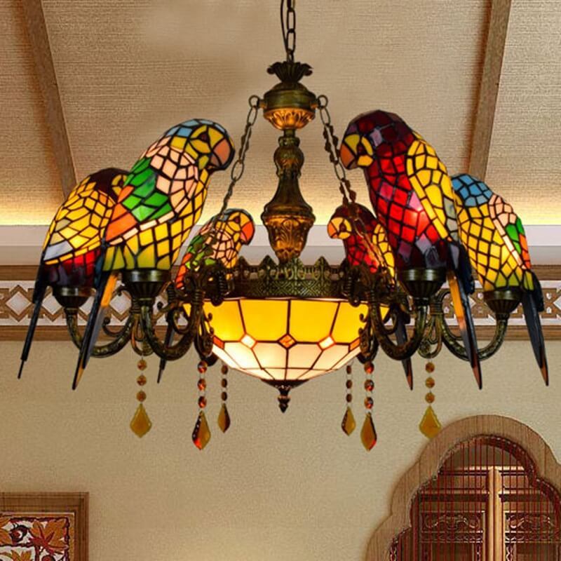 Tiffany Luxe Stained Glass Parrot Chandelier — 220V-240V For UK/AU