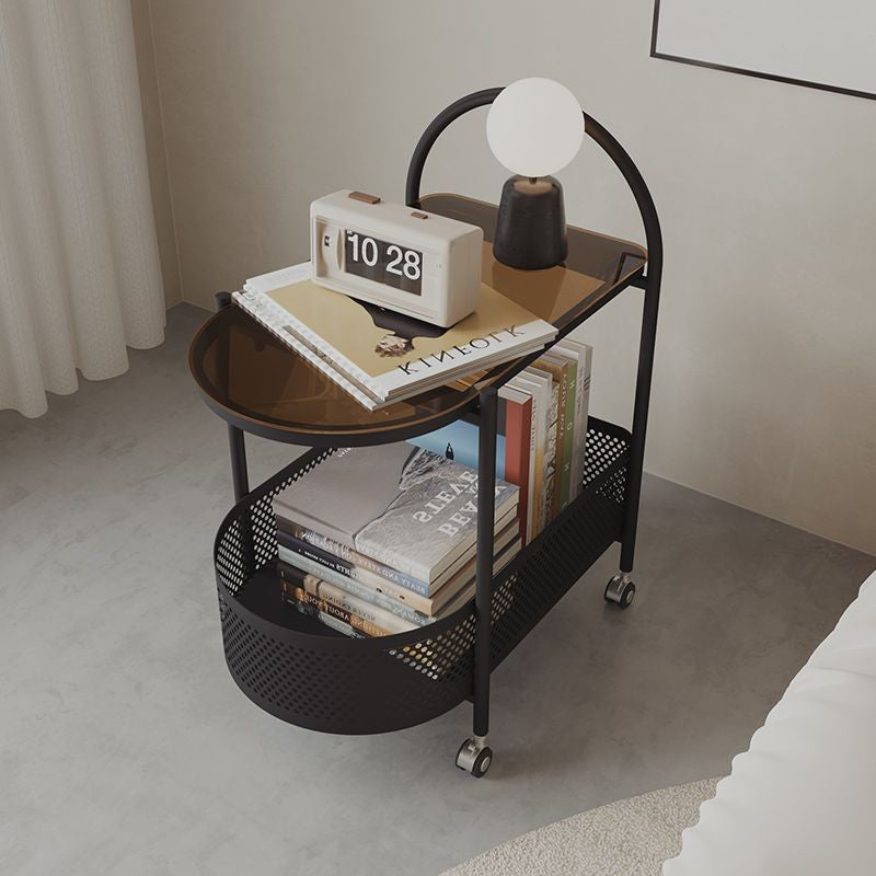 Contemporary Glass Iron Round Rolling Side Table 2-Tier