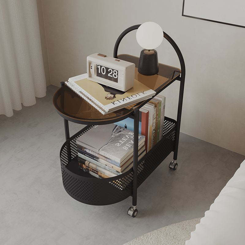 Contemporary Glass Iron Round Rolling Side Table 2-Tier