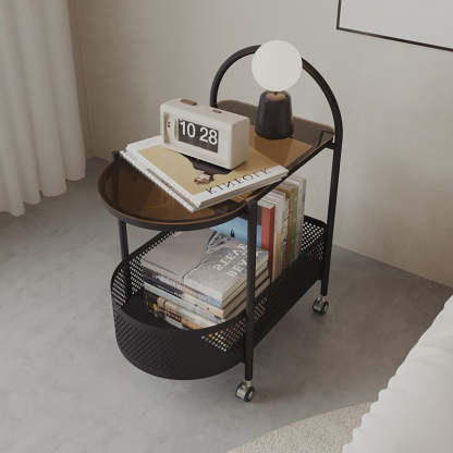 Contemporary Glass Iron Round Rolling Side Table 2-Tier