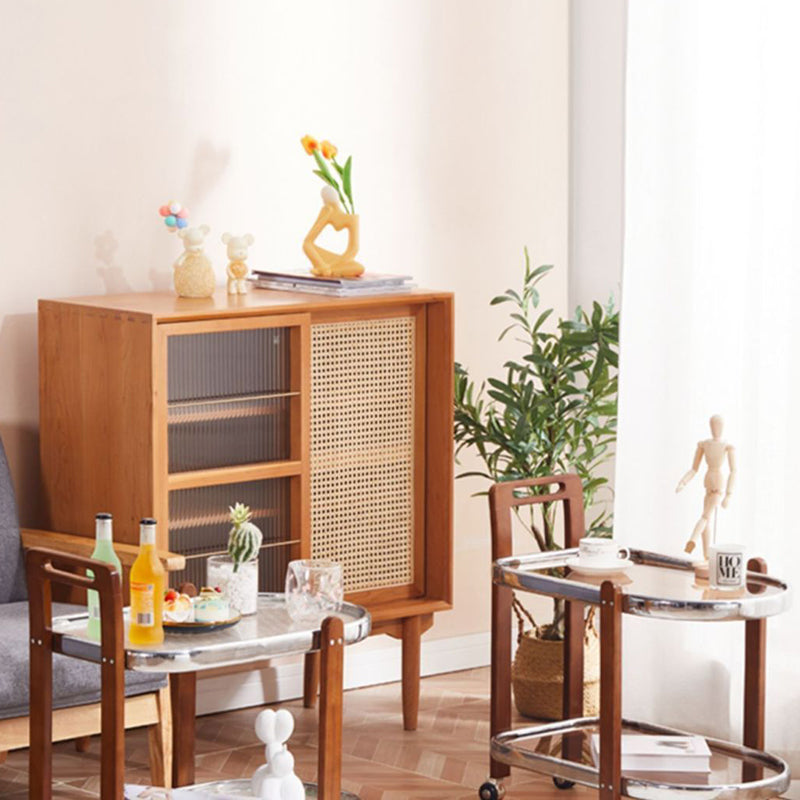 Japanese Oval Wood Steel Glass 2-Tier End Table