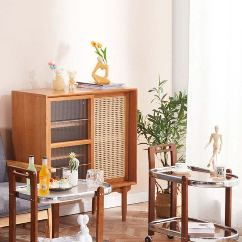 Japanese Oval Wood Steel Glass 2-Tier End Table