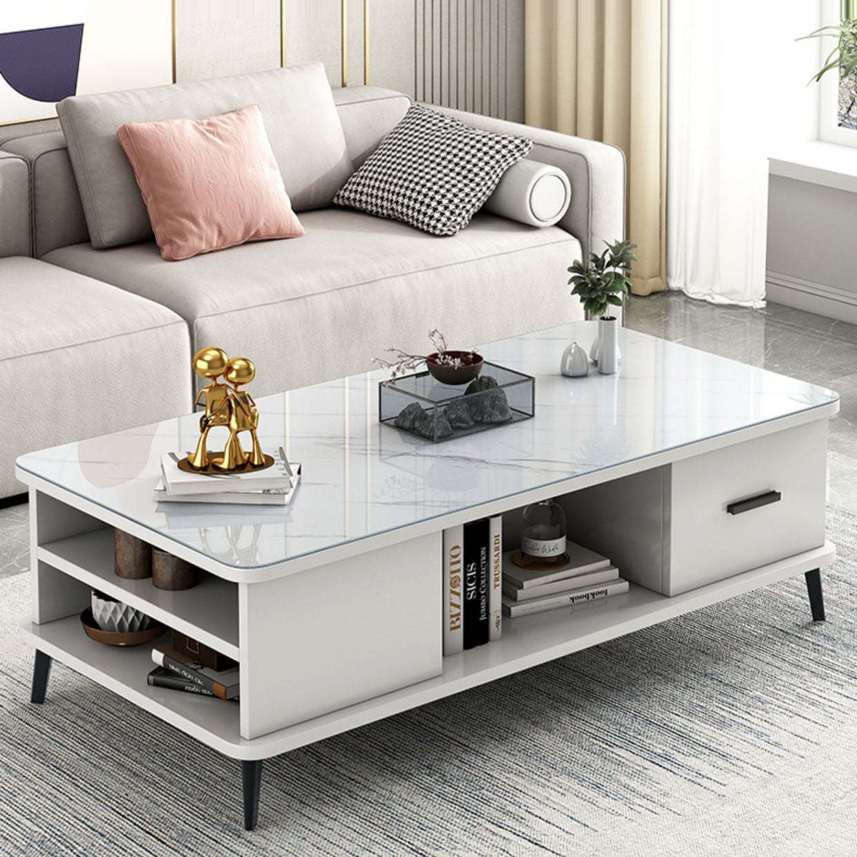 Nordic Rectangular Engineered Wood Iron Coffee Table