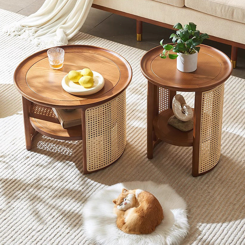 Japanese Rattan Wood Marble 2-Tier Coffee Table