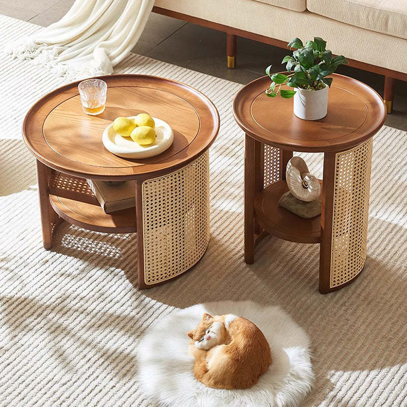 Japanese Rattan Wood Marble 2-Tier Coffee Table
